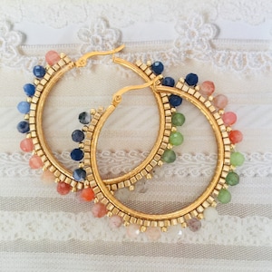 Gemstone Large Hoop Earrings Moonstone Amethyst Lapis Agate Earrings