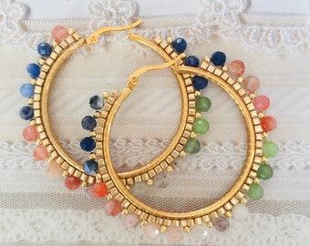 Gemstone Large Hoop Earrings Moonstone Amethyst Lapis Agate Earrings