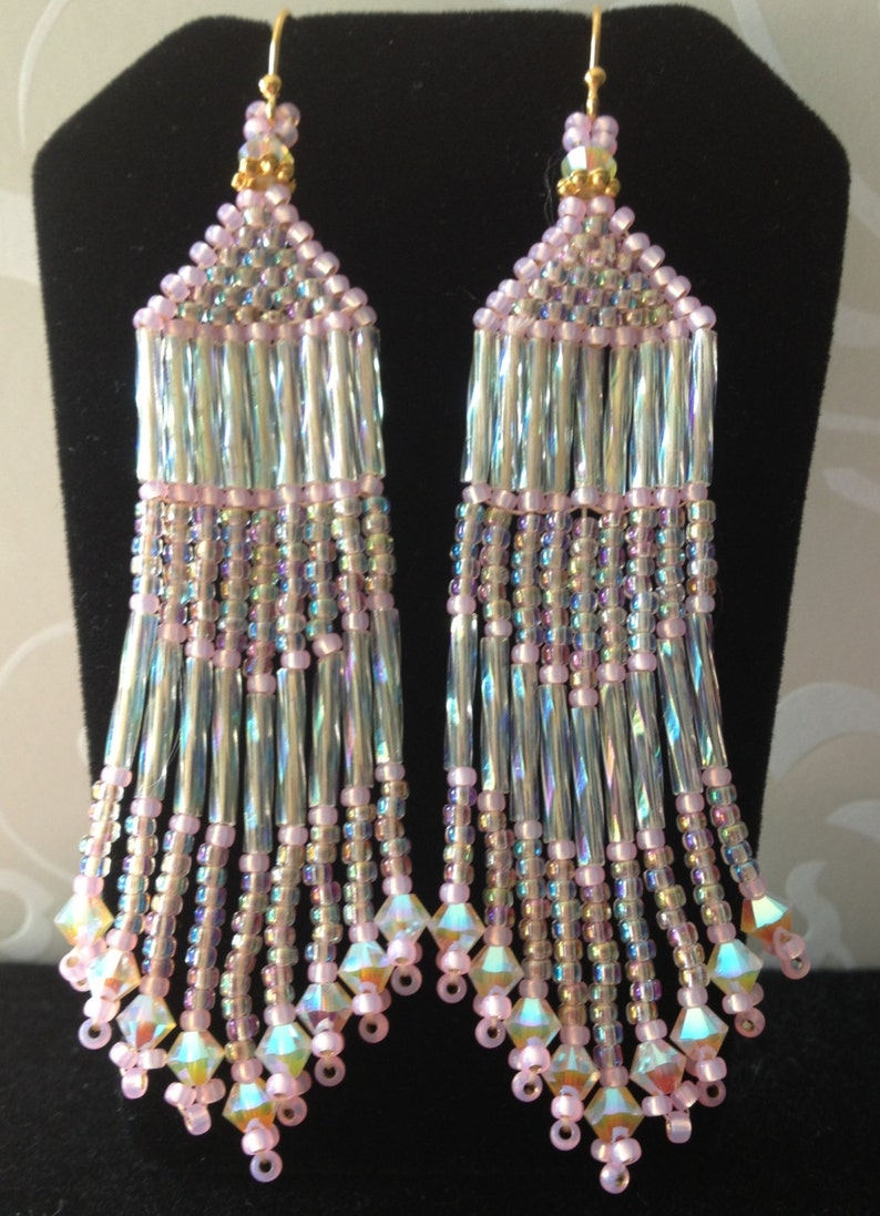 Seed Bead Fringe Earrings Long Pink Beaded Crystal Earrings Etsy