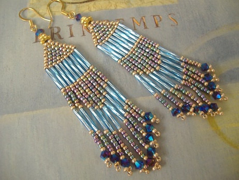 Handmade Beaded Earrings Long Blue Multicolored Pastel Etsy