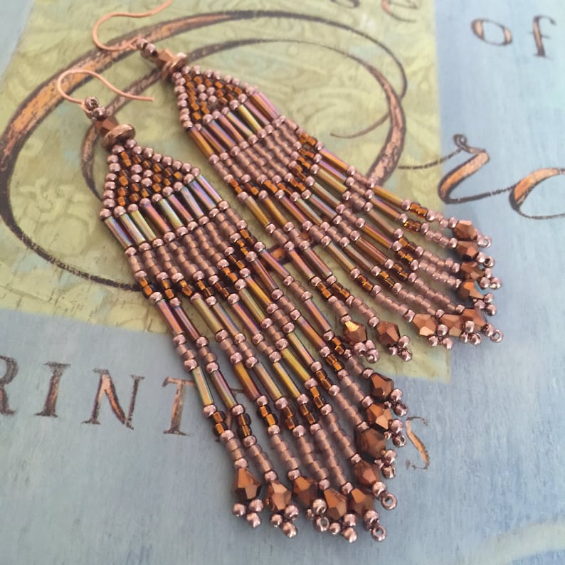 Super Long Seed Bead Earrings Beaded Copper Metallic Fringe Earrings image 1