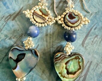 Abalone Heart Dangle Earrings |  Beaded Sterling Silver Jewelry