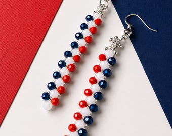 Patriotic Beaded Line Earrings | Red White Blue Crystal Dangles | Americana Boho Jewelry | Festival Statement Earrings