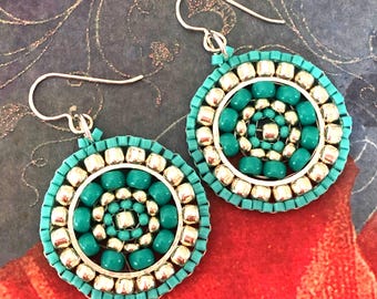 Small Beaded Dangle Earrings | Turquoise and Silver Disk Earrings