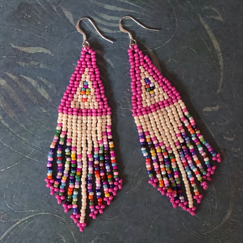 Long Dangle Earrings Pink Multicolored Fringe Earrings Pink Beaded Earrings Large Beaded Bohemian Statement Jewelry image 3