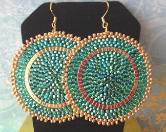 Beaded Earrings  Big Bold Emerald Green Seed Bead Disc Earrings