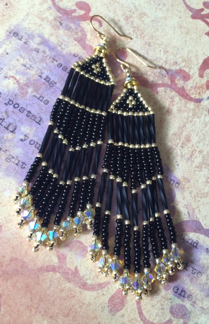 Seed Bead Fringe Earrings Long Black and Gold Beaded Crystal | Etsy