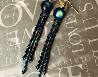 Handmade Seed Bead Earrings  Fringe Earrings Blue Aura Beaded Boho Southwest  Statement Jewelry