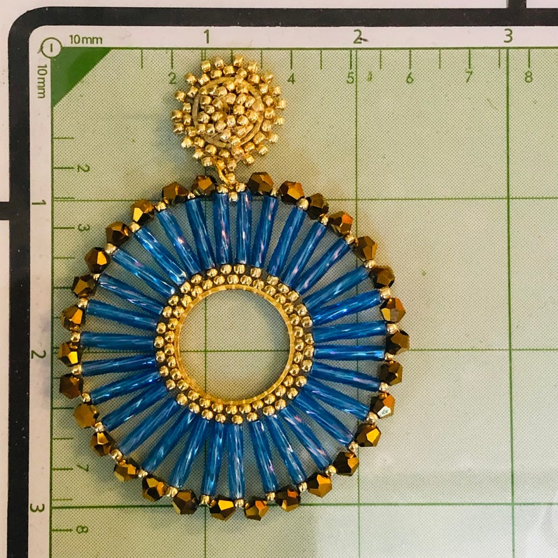 Beaded Post Earrings Blue Bugle Bead Hoop Earrings Seed Bead Etsy