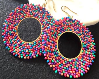 Boho Hoop Earrings:  Multicolored Confetti Dangles