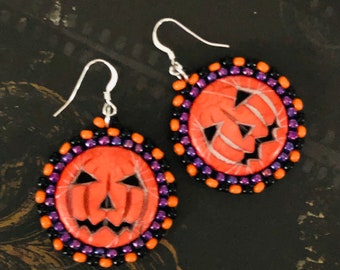 Halloween Pumpkin Earrings Beaded Dangle Earrings Handmade Earrings Seed Bead Jewelry