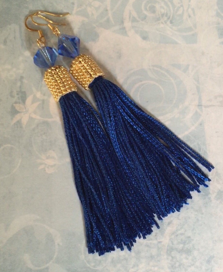 Long Tassel Earrings Beaded Bright Blue and Gold Luxurious | Etsy