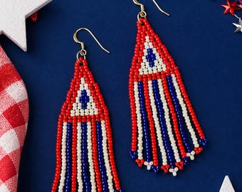 Red White and Blue Patriotic Statement Earrings |4th of July Fringe Dangles | Sterling Silver