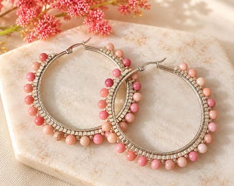 Pendientes de aro estilo boho con piedra rosa / Joyería de primavera/verano con piedras preciosas grandes