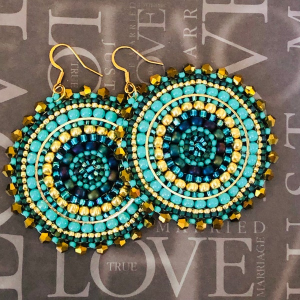 Turquoise and Gold Seed Bead Dangle Earrings Big Bold Multicolored Disc Earrings