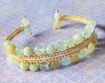 Gemstone Bracelet Aquamarine Bracelet Gemstone and Seed Bead Bangle Statement Jewelry