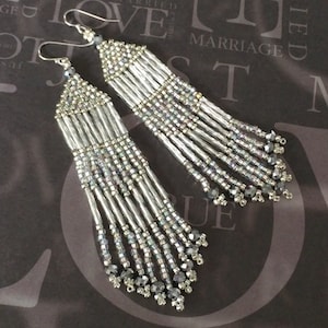 Beaded Long Silver Seed Bead and Crystal Fringe Earrings Wedding Prom Holiday Jewelry Chandelier Earrings