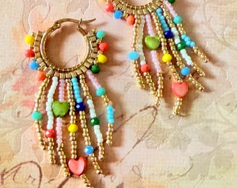 Beaded Fringe Hoop Earrings: Colorful Seed Bead Boho Statement Jewelry