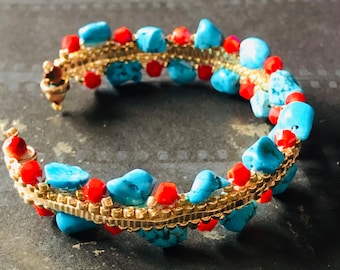 Turquoise and Crystal Bangle Bracelet Gemstone and Seed Bead Bangle Statement Jewelry