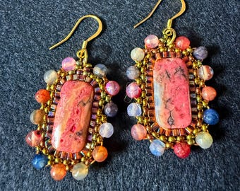 Opal Gemstone Statement Earrings | Colorful Beaded Boho Jewelry | Artisan Gold Dangles
