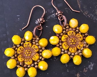 Yellow Sunflower Beaded Dangle Drop Earrings - Beautiful Handmade Floral Summer Jewelry