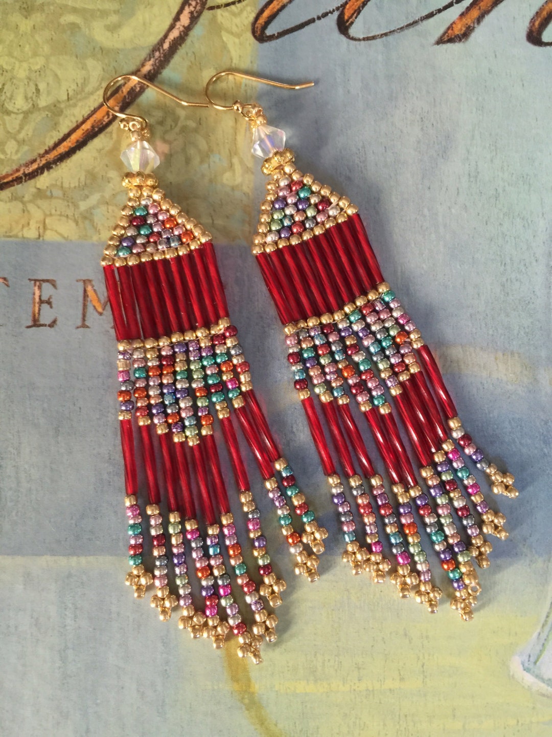 Seed Bead Fringe Earrings Long Red and Multicolored Metallic Earrings
