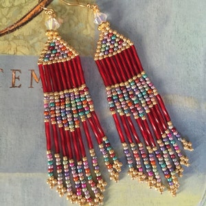 Seed Bead Fringe Earrings  Long Red and Multicolored Metallic Earrings Beadwork Jewelry