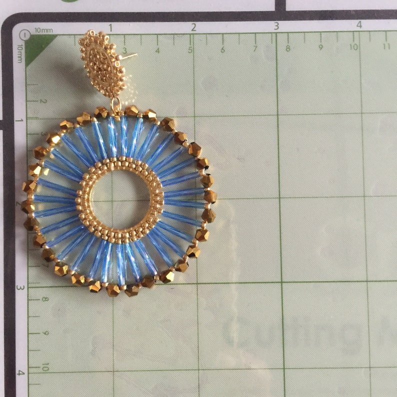 Beaded Post Earrings Blue Bugle Bead Hoop Earrings Beadwork Etsy