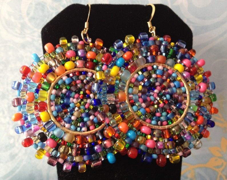 Beaded Confetti Splash Seed Bead Earrings Large Multicolored Disc Earrings image 4