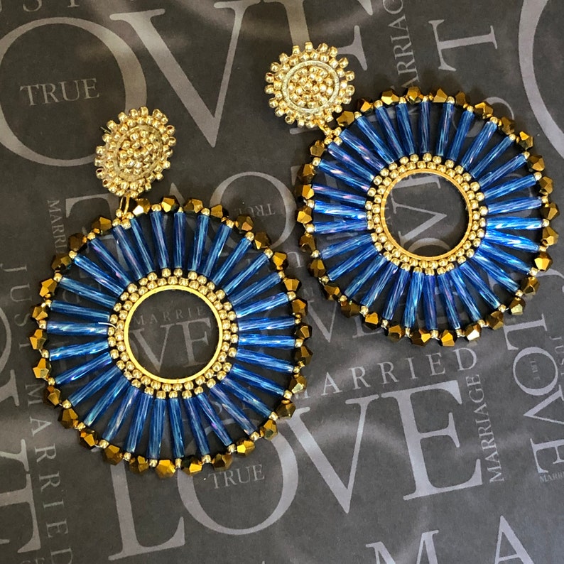 Beaded Post Earrings Blue Bugle Bead Hoop Earrings Seed Bead Etsy