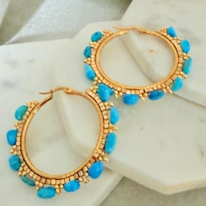 Turquoise Hoop Earrings - Large Statement Beaded Jewelry