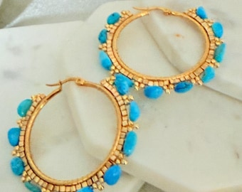 Turquoise Hoop Earrings - Large Statement Beaded Jewelry