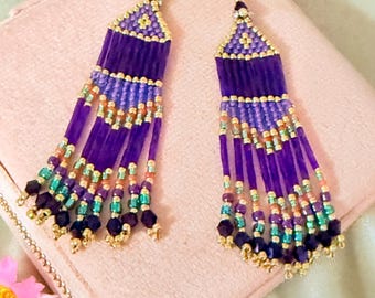 Purple Seed Bead Fringe Earrings: Gold Plated Crystal Dangle Earrings