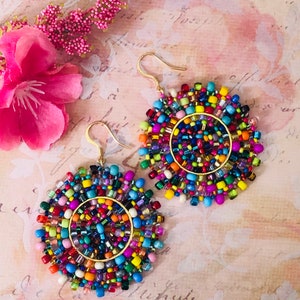 Beaded Confetti Splash Seed Bead Earrings Large Multicolored Disc Earrings image 3