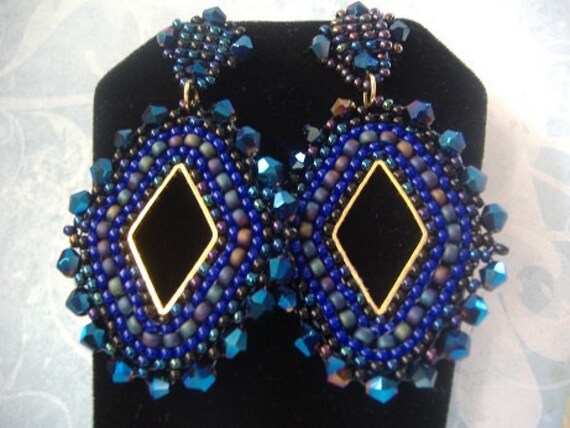 Seed Bead Earrings Indigo and Gold Diamond Goddess Post | Etsy