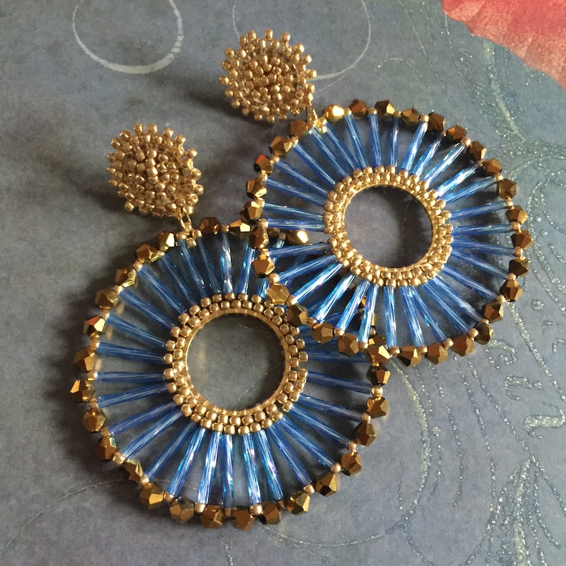 Beaded Post Earrings Blue Bugle Bead Hoop Earrings Seed Bead Etsy