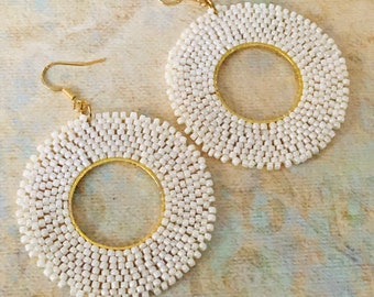 Handmade Boho Dangle Earrings Cream Hoops Large Statement Drops