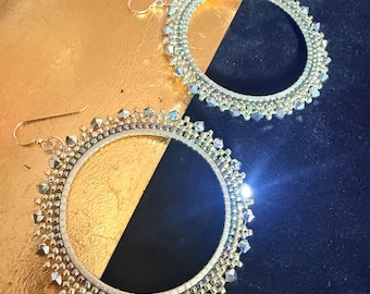 Large Silver Swarovski Crystal Hoop Earrings | Sterling Boho Statement Jewelry