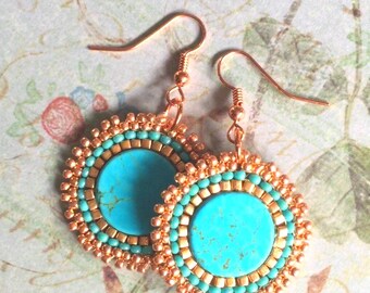 Turquoise Beaded Circle Earrings | Handmade Boho Stone Jewelry | Southwestern Style Dangle Earrings