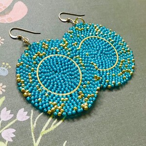 Blue and Gold Earrings | Handmade Beaded Statement Jewelry | Big Bold Bright Dangle Earrings by WorkofHeart