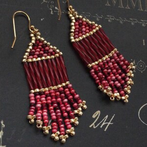 Small Seed Bead Earrings  Fringe Earrings Beaded Dangle Drop Earrings Wine Berries