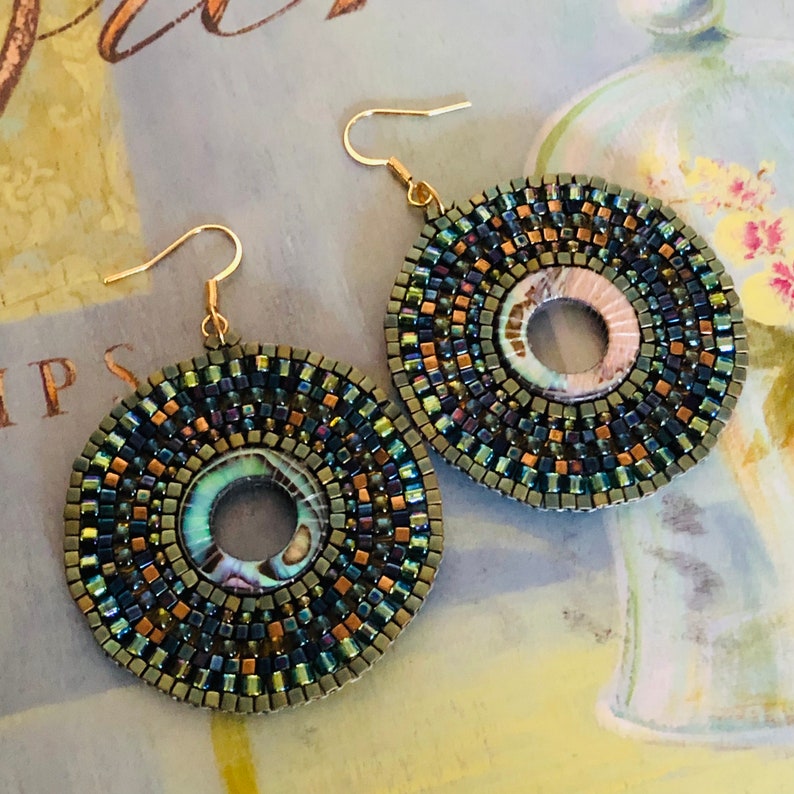 Abalone Earrings Big Boho Handmade Hoops Seed Bead Summer Beach Shell Jewelry image 8