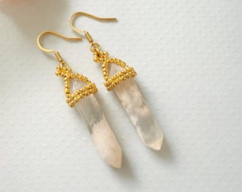 Crystal Point Gold Beaded Earrings | Boho Handmade Quartz Drop Dangles