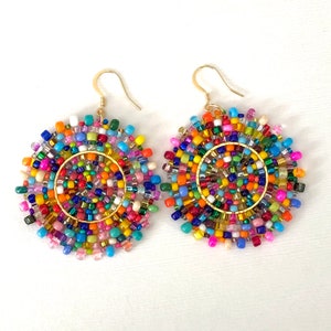 Beaded Confetti Splash Seed Bead Earrings Large Multicolored Disc Earrings image 5