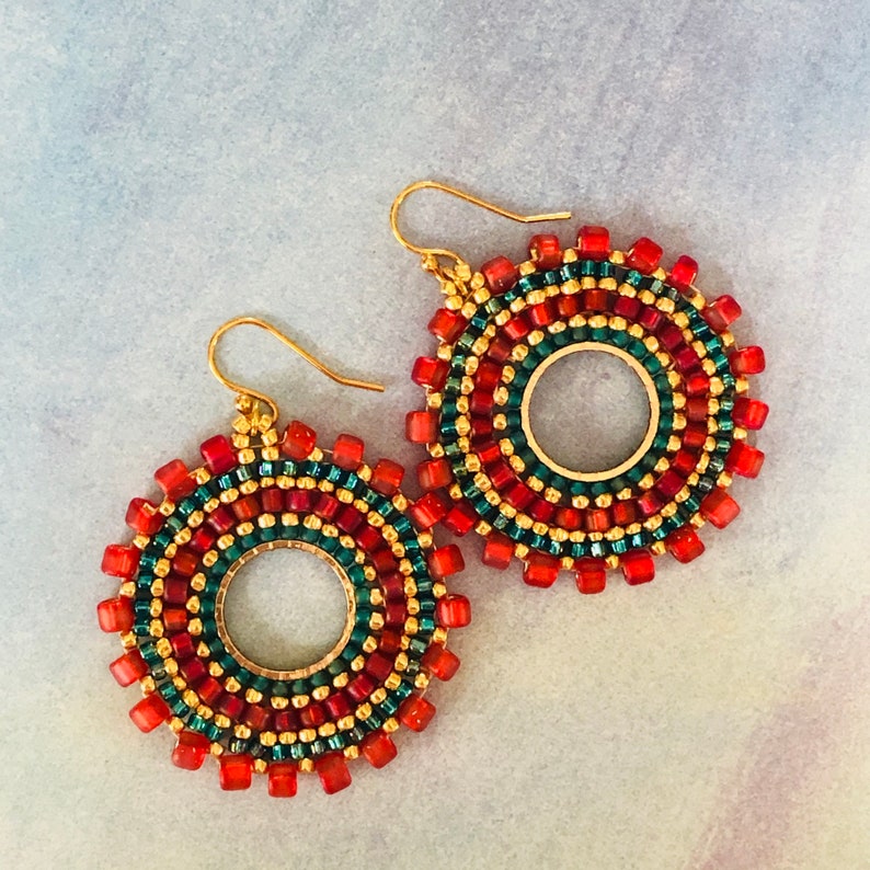 Beaded Small Hoop Earrings Aqua Berries Red and Aqua Seed Bead Earrings Beadwork Jewelry image 4