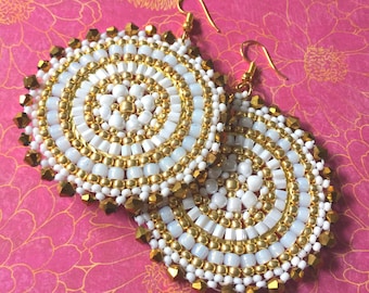 Seed Bead Earrings | Large Gold and White Crystal Earrings | Handmade Artisan Jewelry for Women