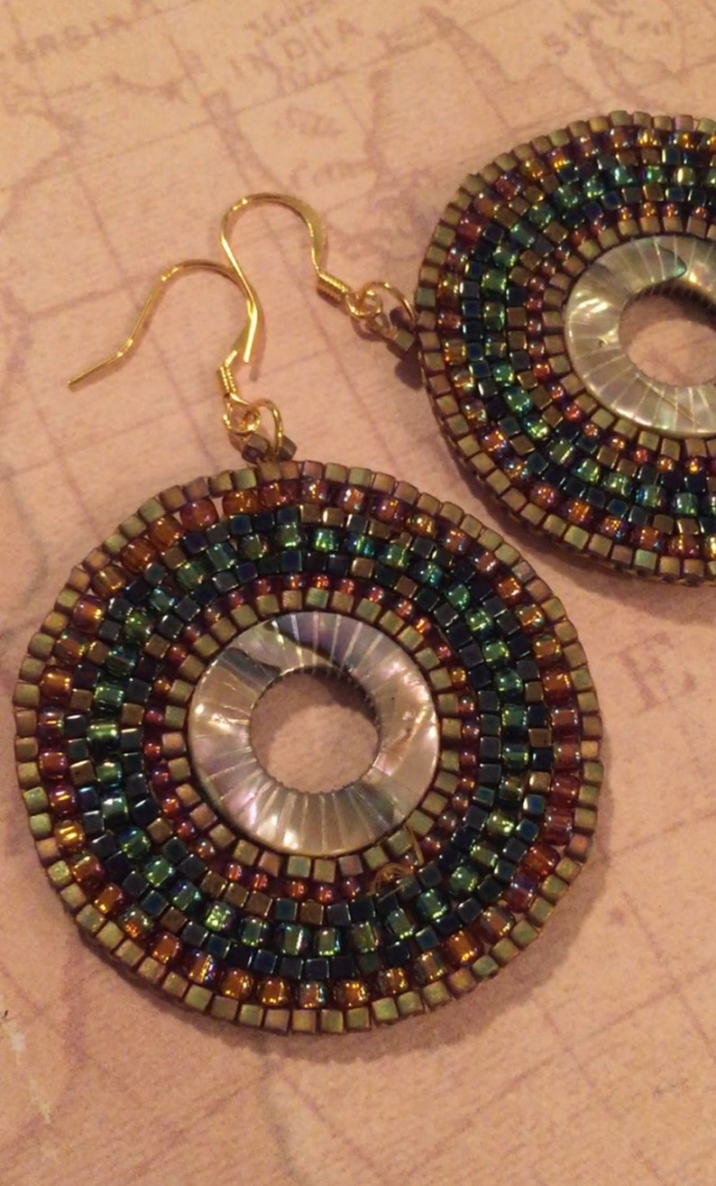 Abalone Earrings Large Seed Bead Earrings Beadwork Sea Shell Jewelry
