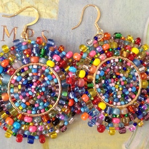 Beaded Confetti Splash Seed Bead Earrings Large Multicolored Disc Earrings image 1