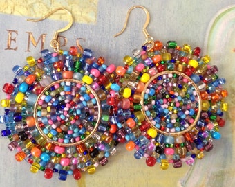 Beaded Confetti Splash Seed Bead Earrings Large Multicolored Disc Earrings