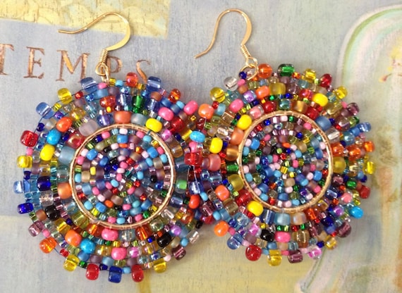 Beaded Confetti Splash Seed Bead Earrings Large Multicolored Disc Earrings Etsy